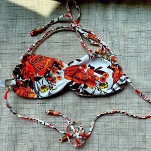 Small bikini bandeau top white multi flower tie top